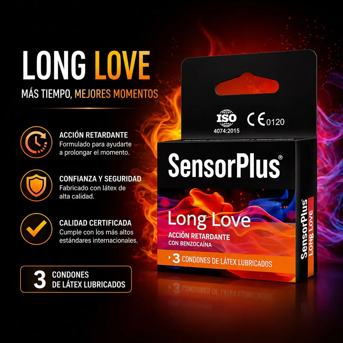 Preservativos Sensor Plus Retardante Pack 3 Unidades – Látex Natural con Benzocaína Lubricados 2