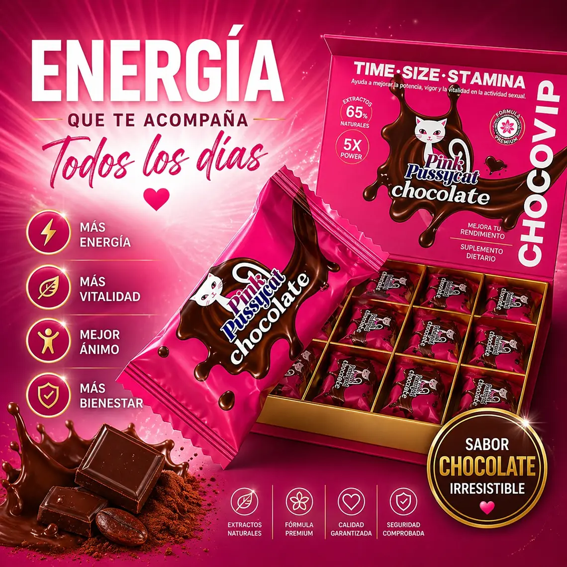 Pink Pussycat Choco Afrodisíaco Mujer – Chocolate Potenciador Femenino Natural  2