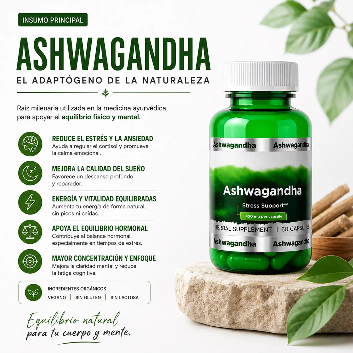 Cápsulas Ashwagandha 450 mg – Suplemento Natural Adaptógeno para Estrés y Sueño 2