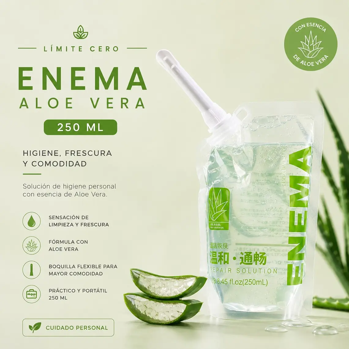 Enema Portátil Aloe Vera 250 ml con Boquilla Flexible – Higiene Personal Límite Cero 2