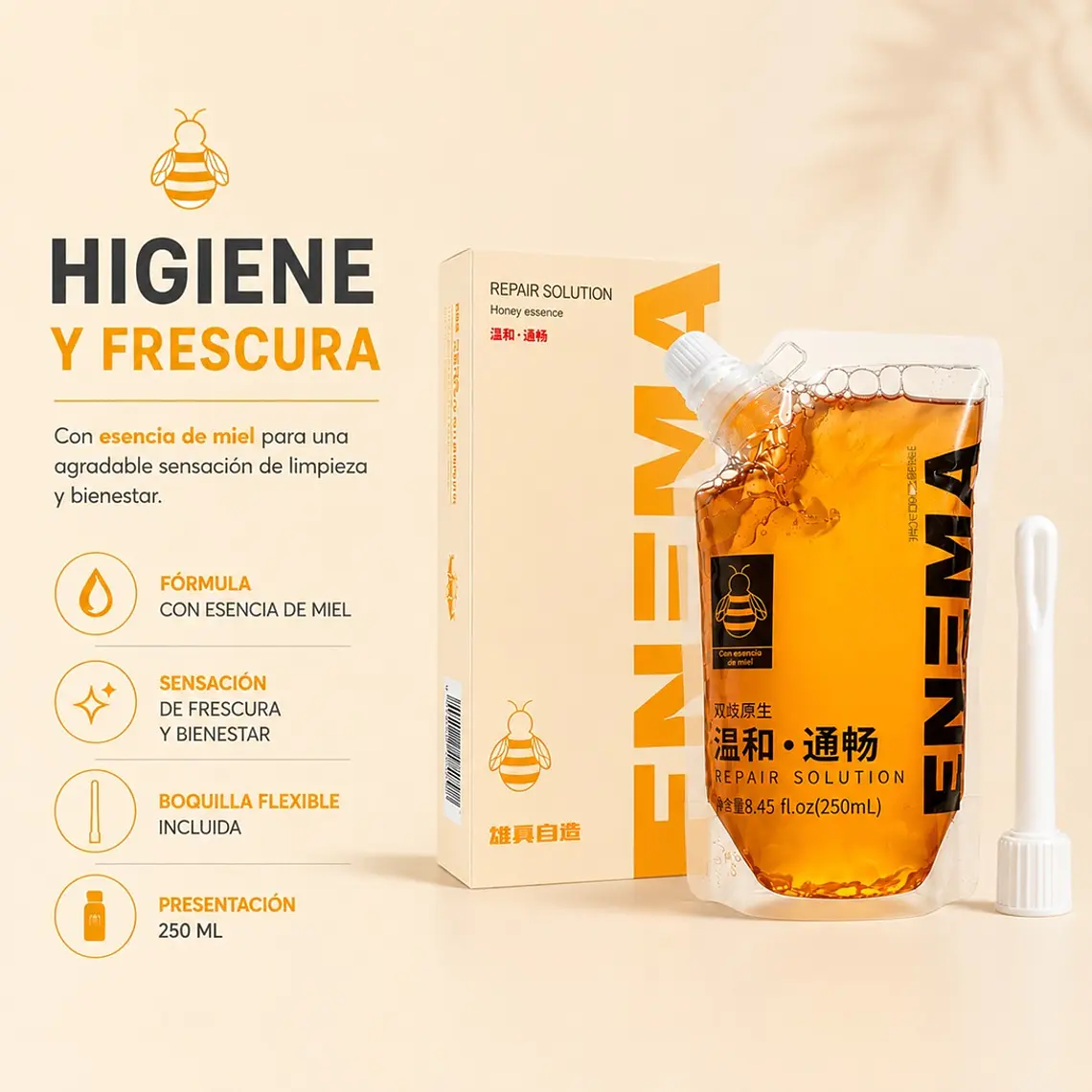 Enema Portátil Miel 250 ml con Boquilla Flexible – Higiene Personal Límite Cero 2