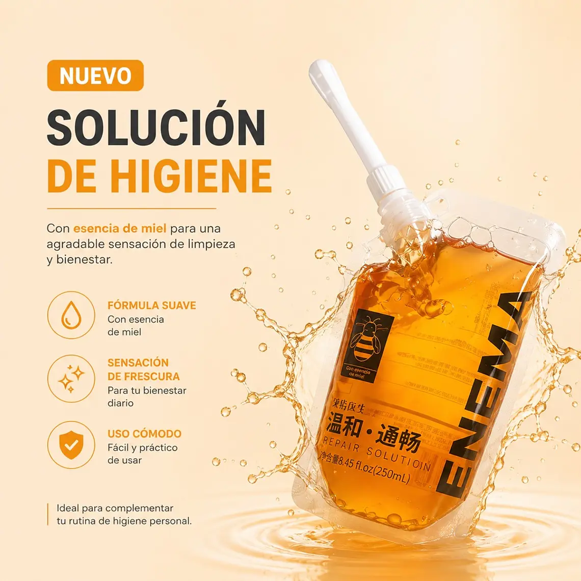 Enema Portátil Miel 250 ml con Boquilla Flexible – Higiene Personal Límite Cero 4