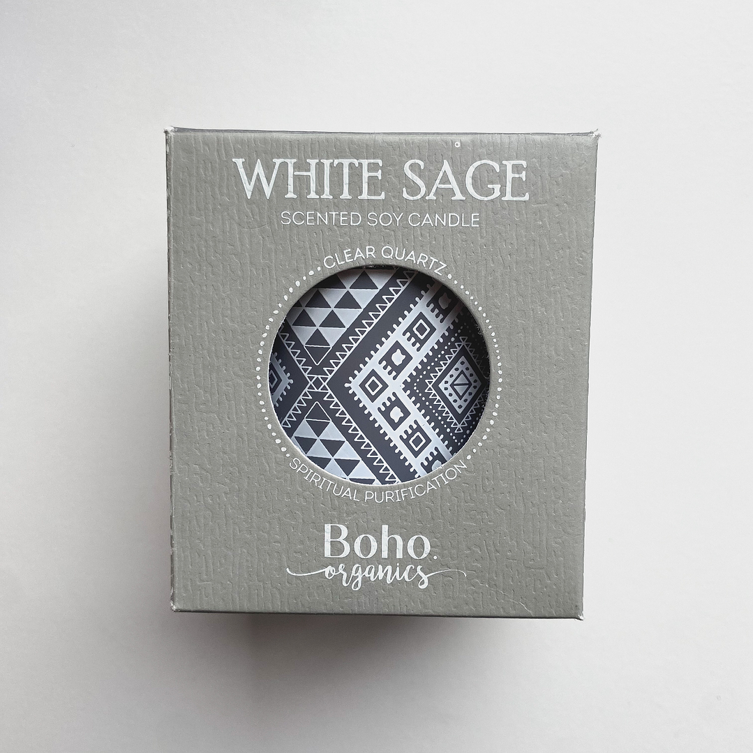 Vela de Soya Salvia Blanca con Cristal Cuarzo BOHO 2