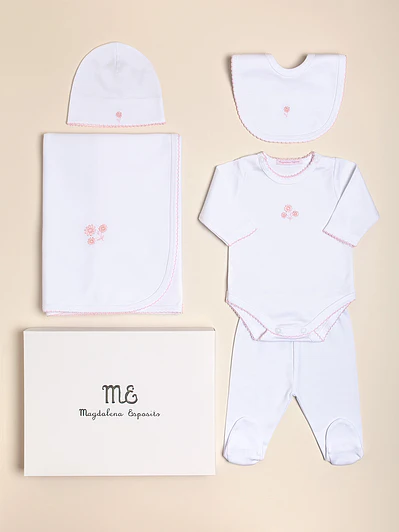Ajuar: Bodysuit Bloomer Blanket Bib Hat Embroidered PIMA Peruano
