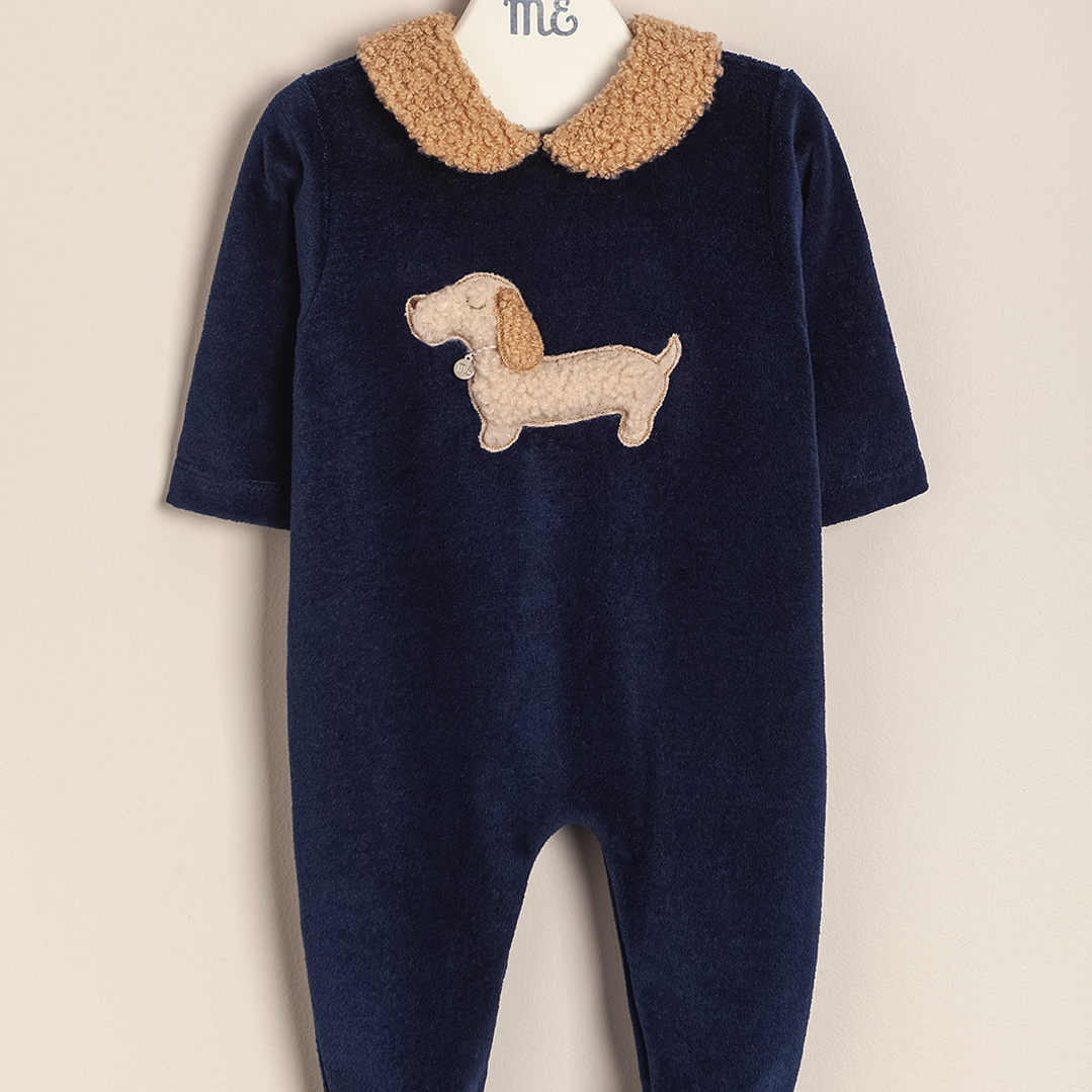 Oliver Plush romper with embroidered dog and collar 1