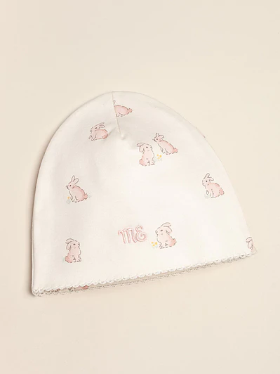 Beanie Hat Beige Pink Rabbits 