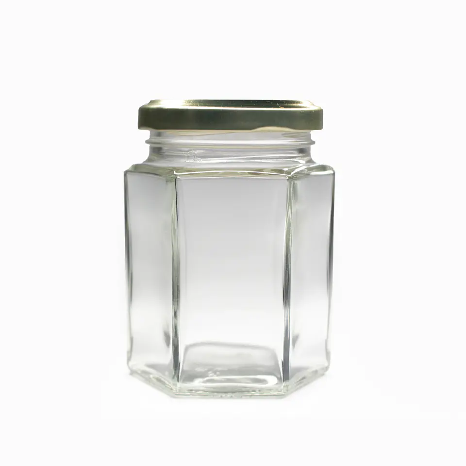 Frasco Conservero Hexagonal 195cc con Tapas Incluidas 1