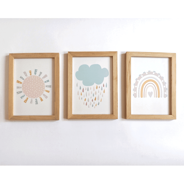 Trío Cuadros Decorativos para Niños Nube, Sol, Arcoíris
