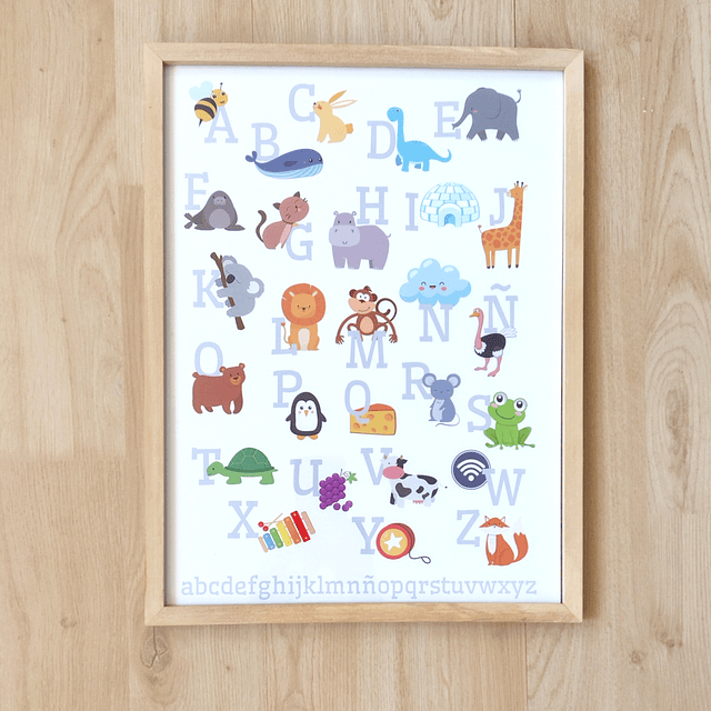 Set de Regalo Infantil Canasto Tela diseño León + Cuadro Abecedario Animales