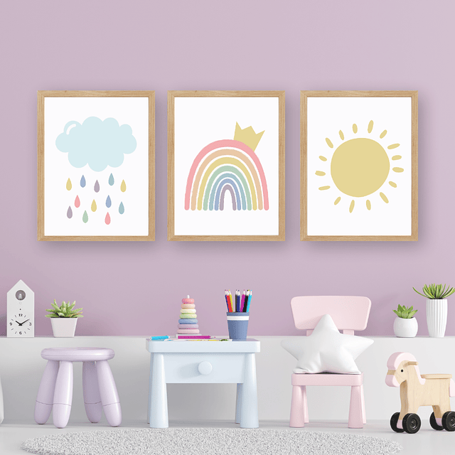 Trío Cuadros Decorativos Infantiles Nube, Arcoíris, Sol