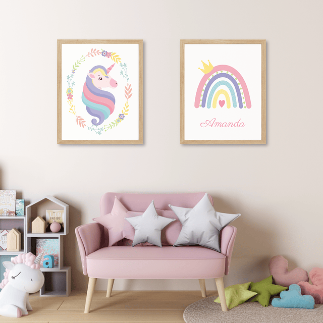 Duo cuadros Unicornio + Arcoiris con Nombre Personalizado