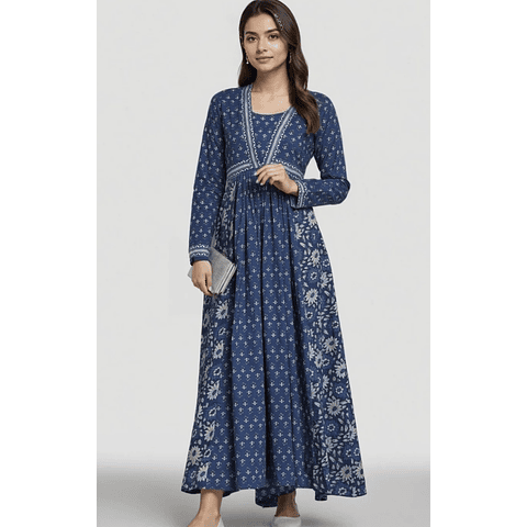 Vestido Azul Algodón Estampado 