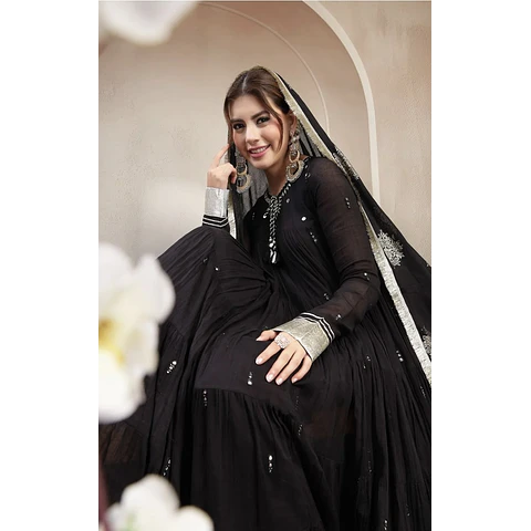Anarkali Negro Algodón