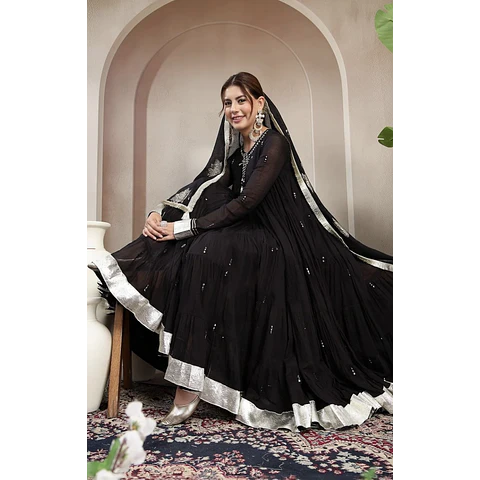 Anarkali Negro Algodón