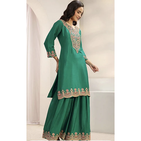 Conjunto Seda Verde Bluson y Pantalón