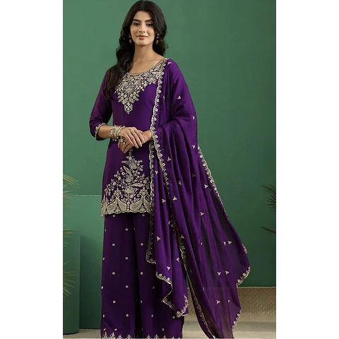 Conjunto Seda Morado Bordado 