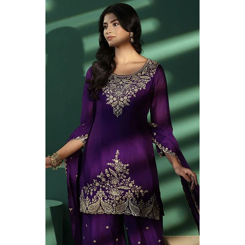 Conjunto Seda Morado Bordado 