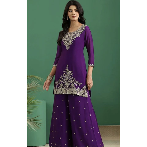 Conjunto Seda Morado Bordado 