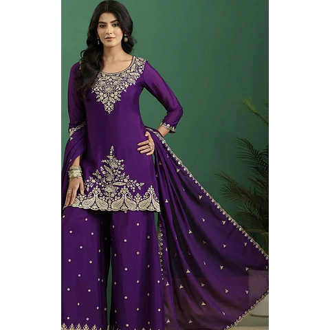 Conjunto Seda Morado Bordado 