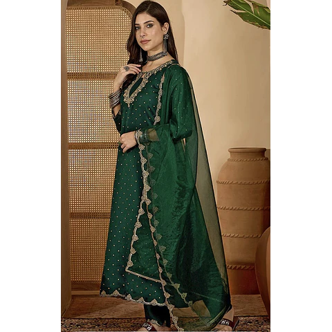 Conjunto Verde Seda Kurta y Pantalón 
