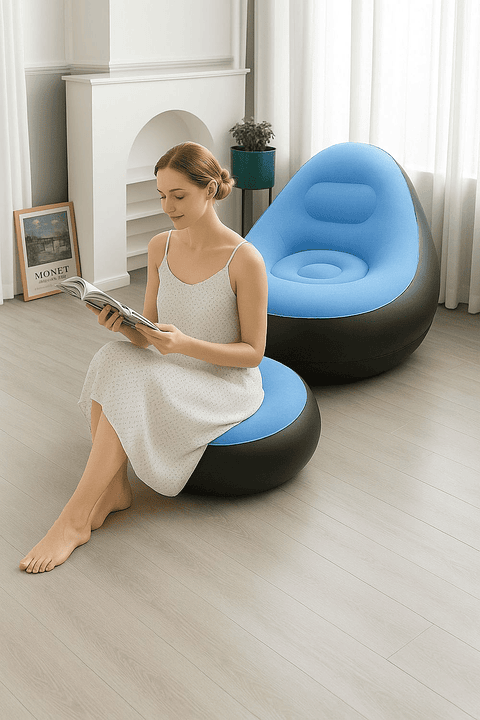 Silla o puff inflable con posapies - Azul