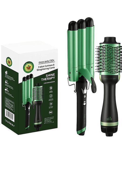 Combo Cepillo Secador + Pinza Rizadora de Tres Tubos Aguacate