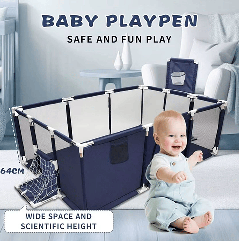 Corral de Juegos Rectangular Infantil con Aro de Baloncesto y Portería - azul