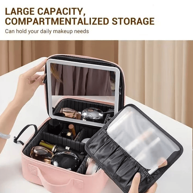 Neceser de Maquillaje con Espejo LED  Gran Capacidad - Rosado 4