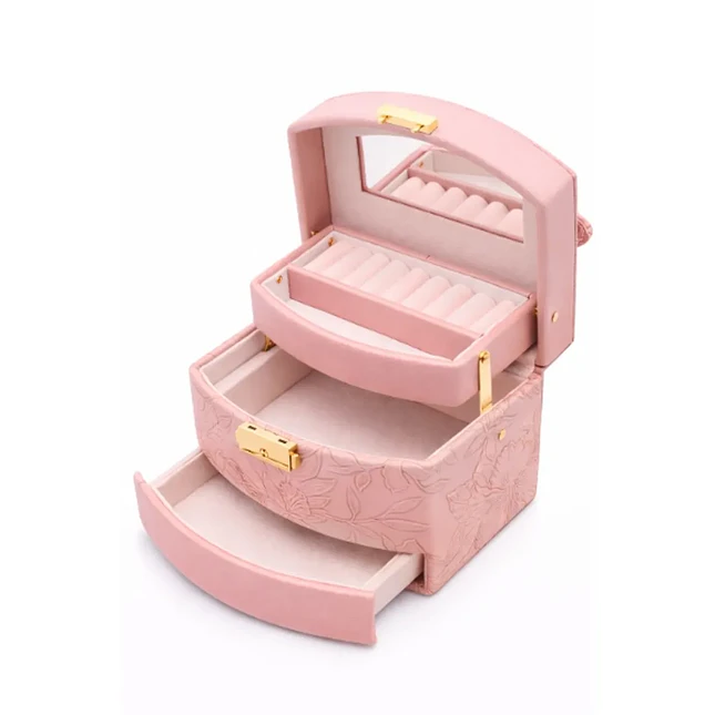 Joyero Organizador 3 Niveles con Espejo – Rosado y Beige 1