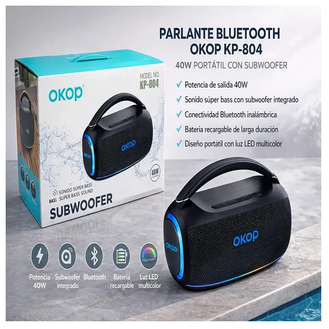 Parlante Portátil Okop KP-804 Bluetooth 10W con Luces LED 4