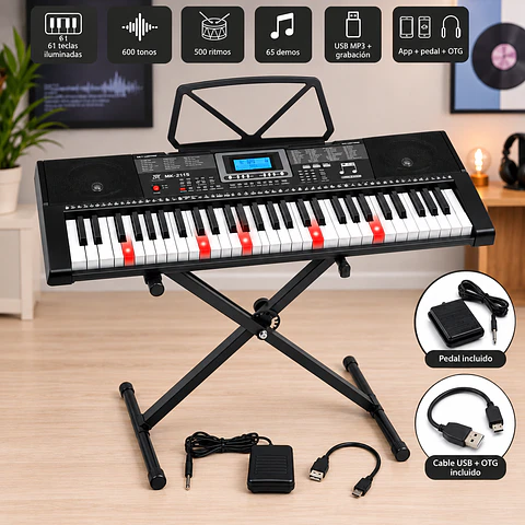 Organeta MK-2115 de 61 Teclas con Soporte Plegable para Piano