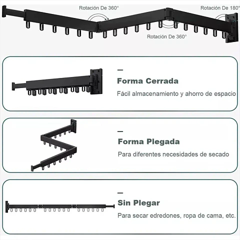 Tendedero Plegable de Pared con 18 Ganchos Giratorios 360°