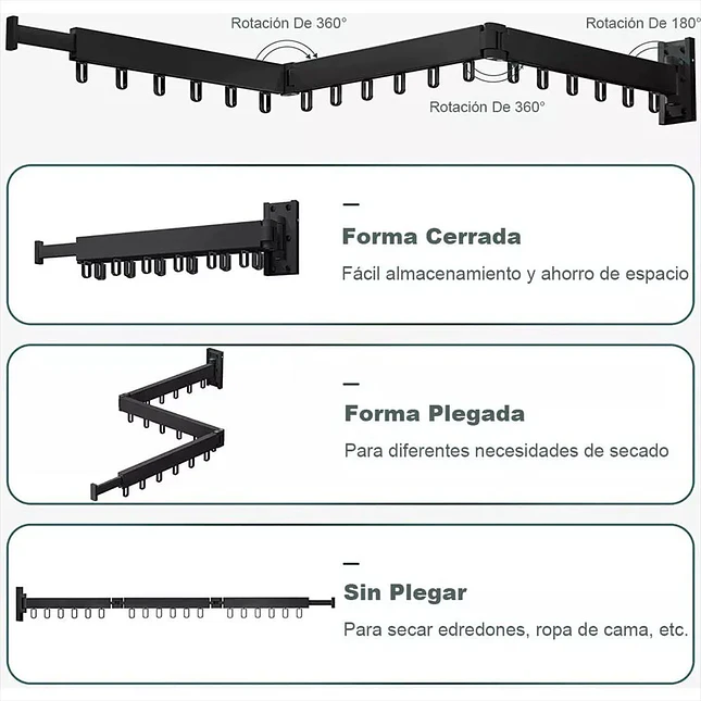 Tendedero Plegable de Pared con 18 Ganchos Giratorios 360° 2