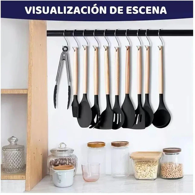 Set de Utensilios de Cocina de Silicona de 19 Piezas con Mangos de Madera 2