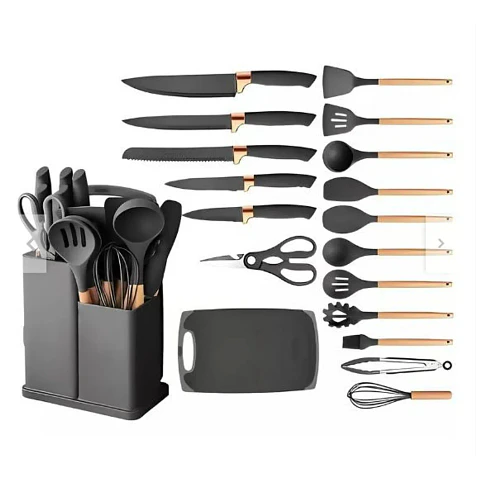 Set de Utensilios de Cocina de Silicona de 19 Piezas con Mangos de Madera