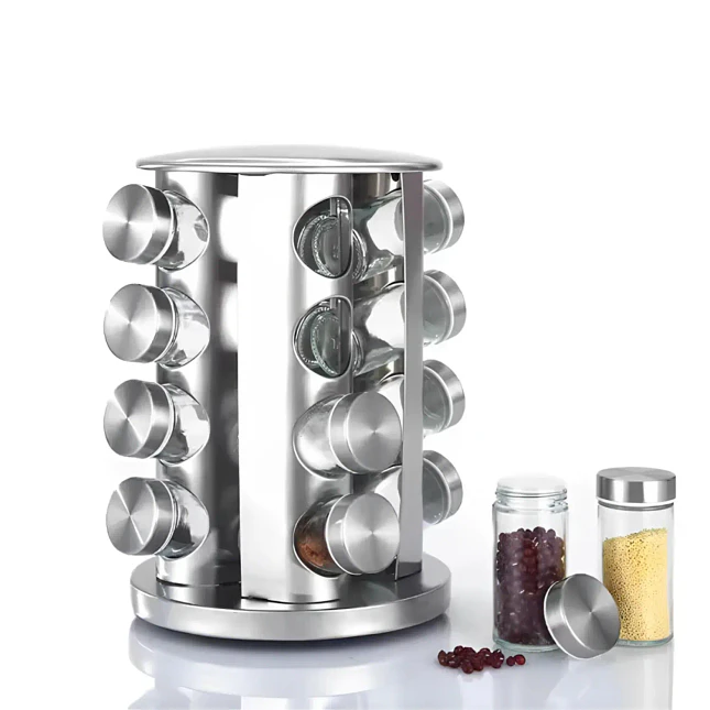 Especiero Giratorio de 16 Frascos con Base de Acero Inoxidable y Etiquetas 1