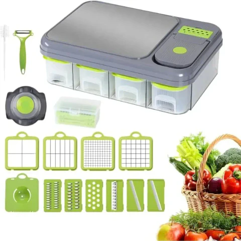 Picador de Verduras Multifuncional Manual con Recipiente y Cuchillas de Acero