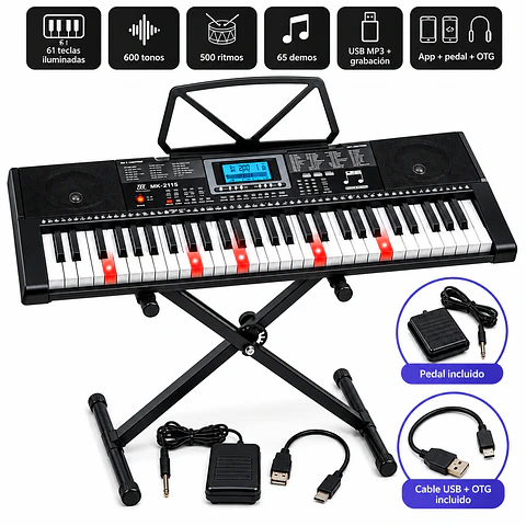 Organeta MK-2115 de 61 Teclas con Soporte Plegable para Piano