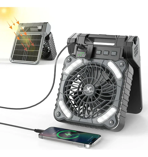 Ventilador Portátil Solar 5400 mAh con Luz LED