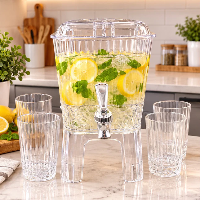 Dispensador de Bebidas Plástico con Grifo y 4 Vasos 4
