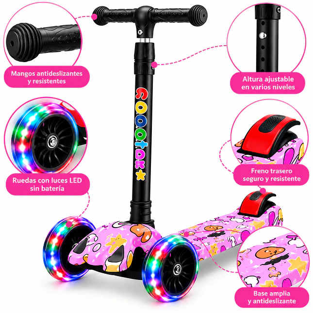 Monopatín Scooter Infantil de 4 Ruedas con Luces y Altura Ajustable 4