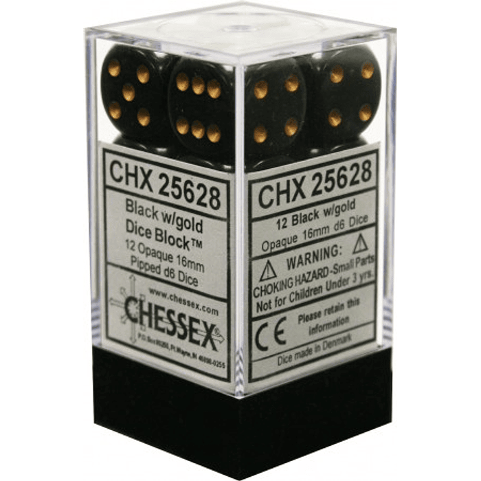 Set de 12 dados (6 lados) Opaque Negro-Dorado