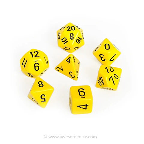 Set de 7 dados (varios lados) Opaque Amarillo-Negro