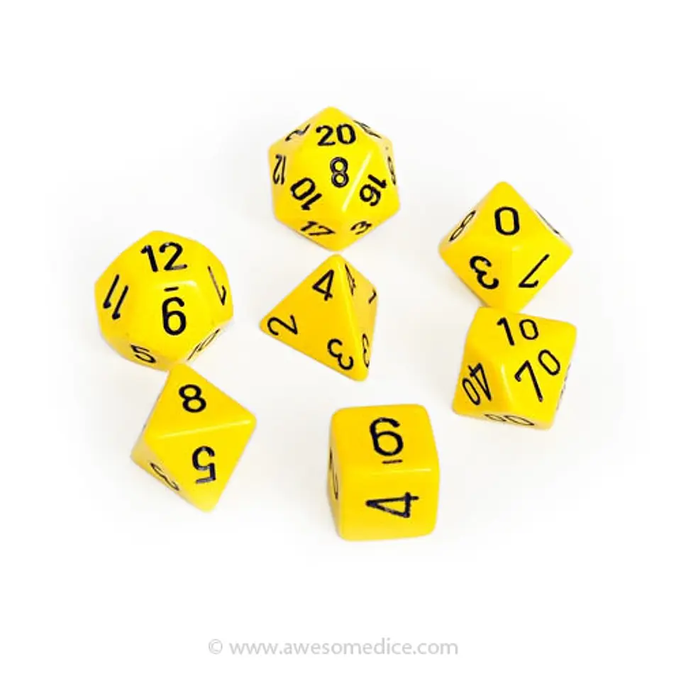 Set de 7 dados (varios lados) Opaque Amarillo-Negro 1