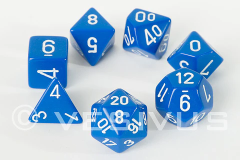 Set de 7 dados (varios lados) Opaque Azul-Blanco