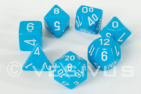Set de 7 dados (varios lados) Opaque Celeste-Blanco
