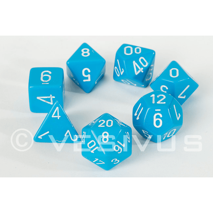 Set de 7 dados (varios lados) Opaque Celeste-Blanco