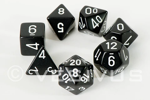 Set de 7 dados (varios lados) Opaque Negro-Blanco