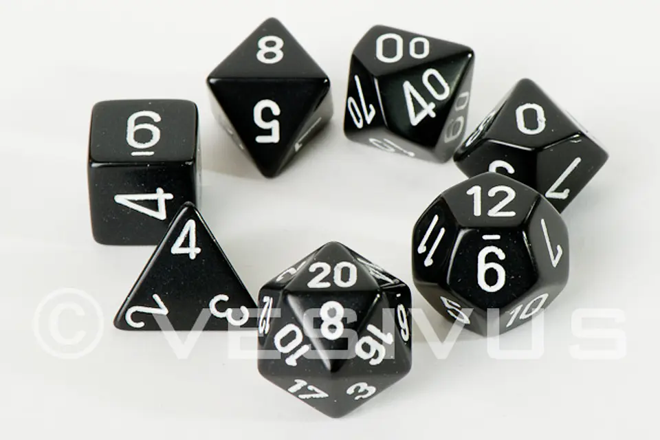 Set de 7 dados (varios lados) Opaque Negro-Blanco 1