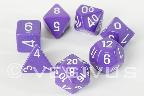 Set de 7 dados (varios lados) Opaque Purpura-Blanco